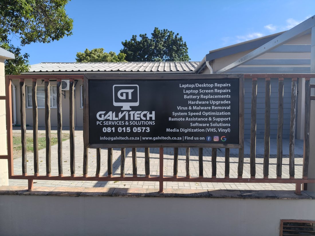 The Galvitech PC Services sign on the fence outside 62 Bosch in Northern Paarl, showing the workshop telephone number 081 015 0573