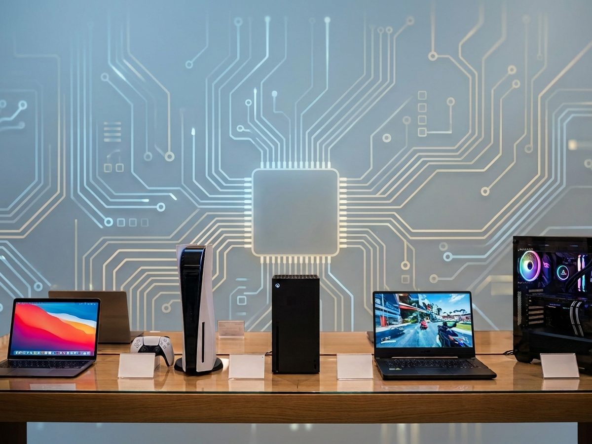 Laptop, games console and desktop towers on the Galvitech workshop counter, ready to be booked in for repair